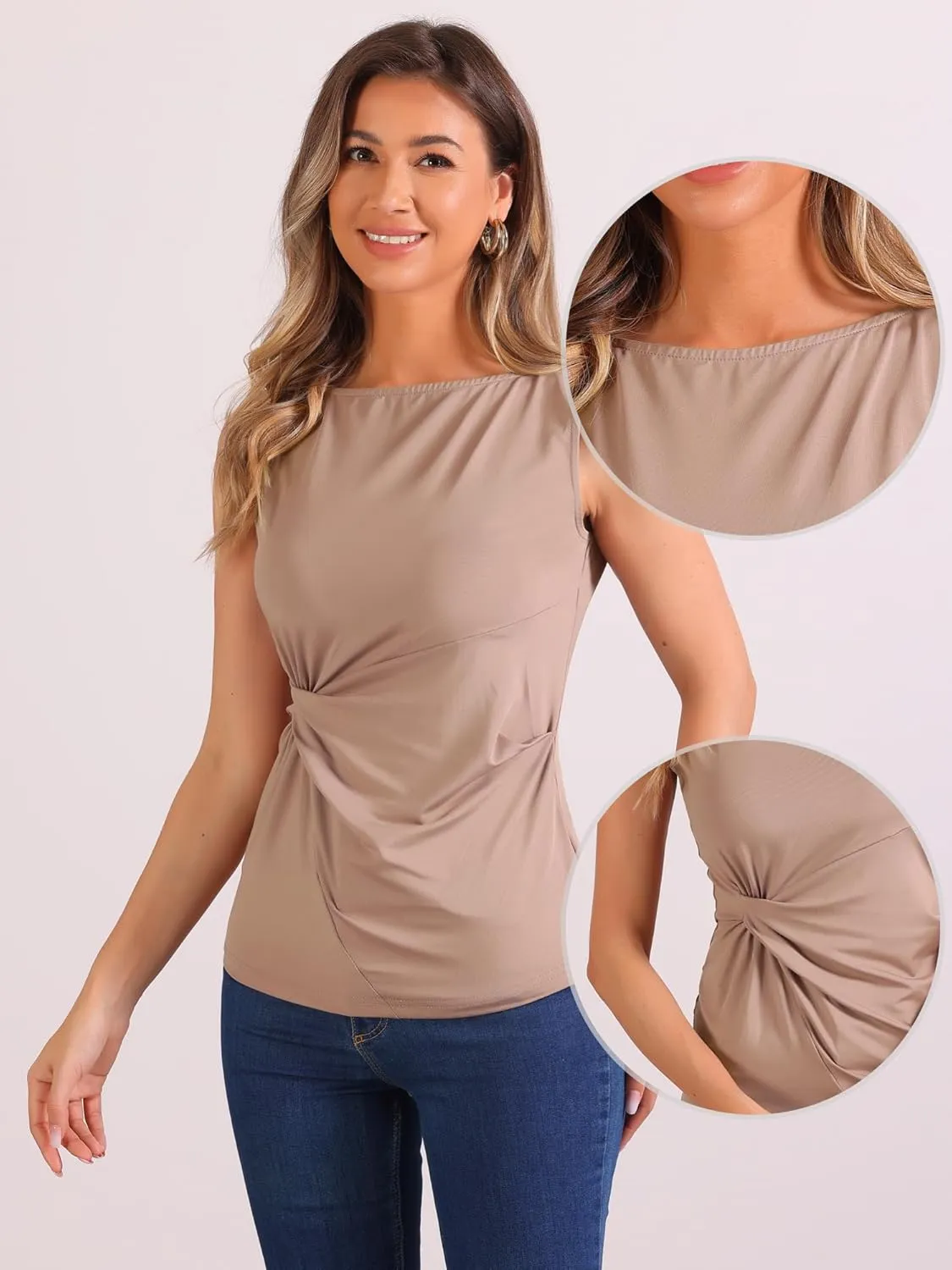 Allegra K Front Twist Knot Tops for Women's Casual Round Neck Sleeveless Top