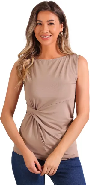 Allegra K Front Twist Knot Tops for Women's Casual Round Neck Sleeveless Top