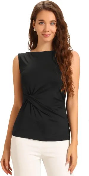 Allegra K Front Twist Knot Tops for Women's Casual Round Neck Sleeveless Top