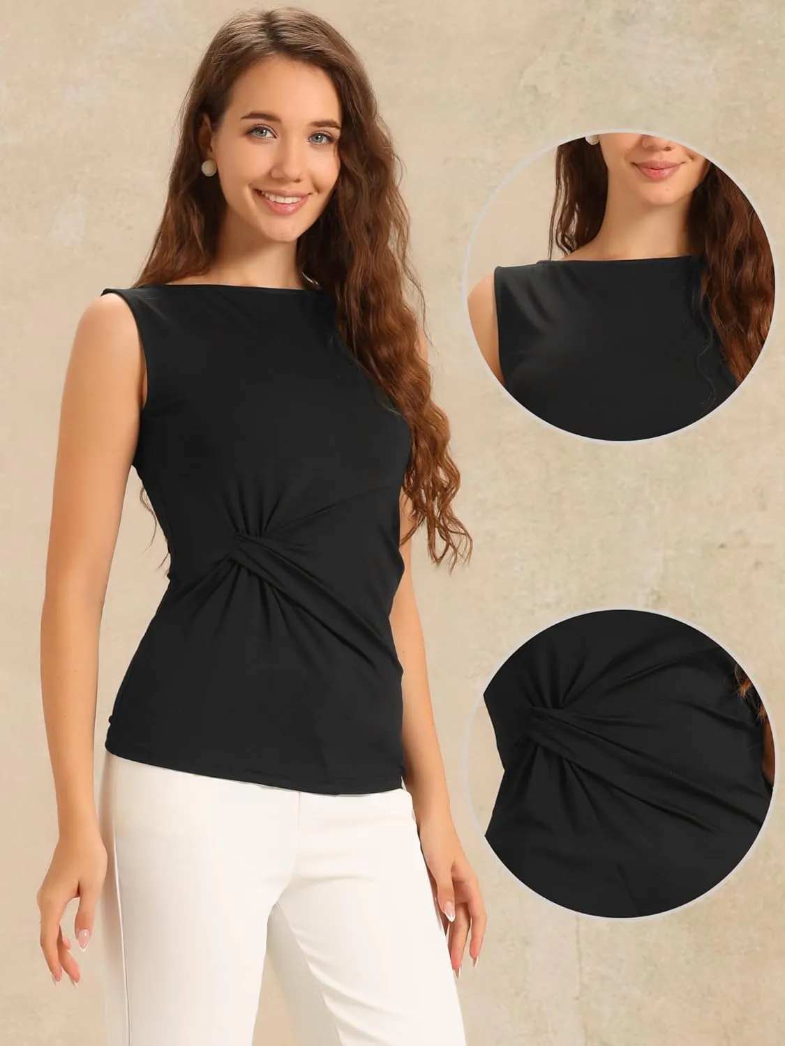 Allegra K Front Twist Knot Tops for Women's Casual Round Neck Sleeveless Top