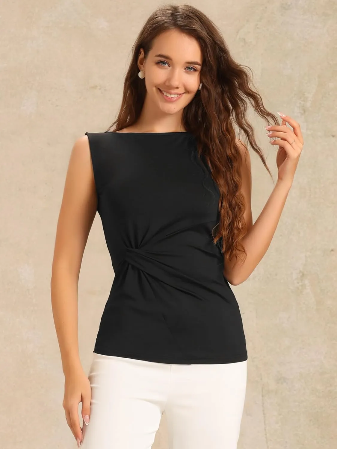 Allegra K Front Twist Knot Tops for Women's Casual Round Neck Sleeveless Top