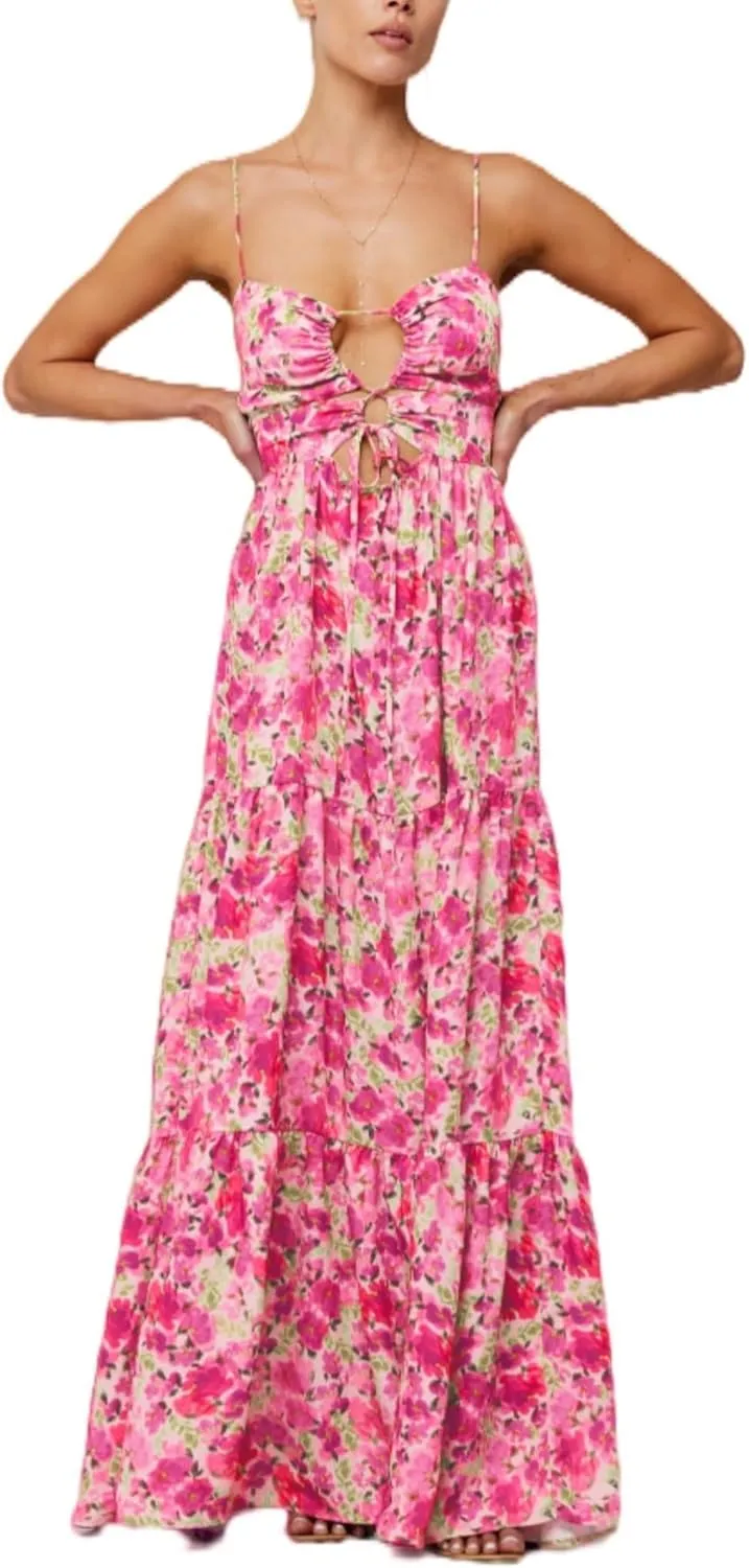 Aopwsrlyi Women Summer Sleeveless Backless Spaghetti Strap Long Floral Dress Sexy Cut Out Smocked Flowy Maxi Dress