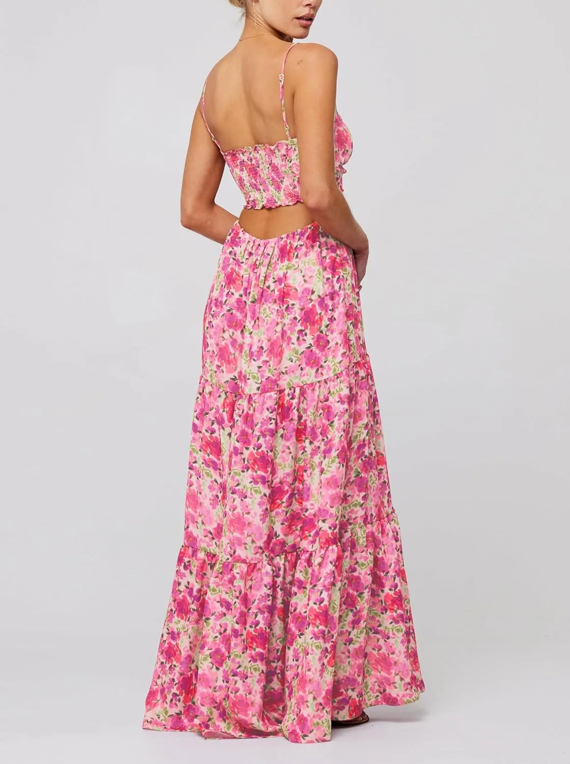 Aopwsrlyi Women Summer Sleeveless Backless Spaghetti Strap Long Floral Dress Sexy Cut Out Smocked Flowy Maxi Dress