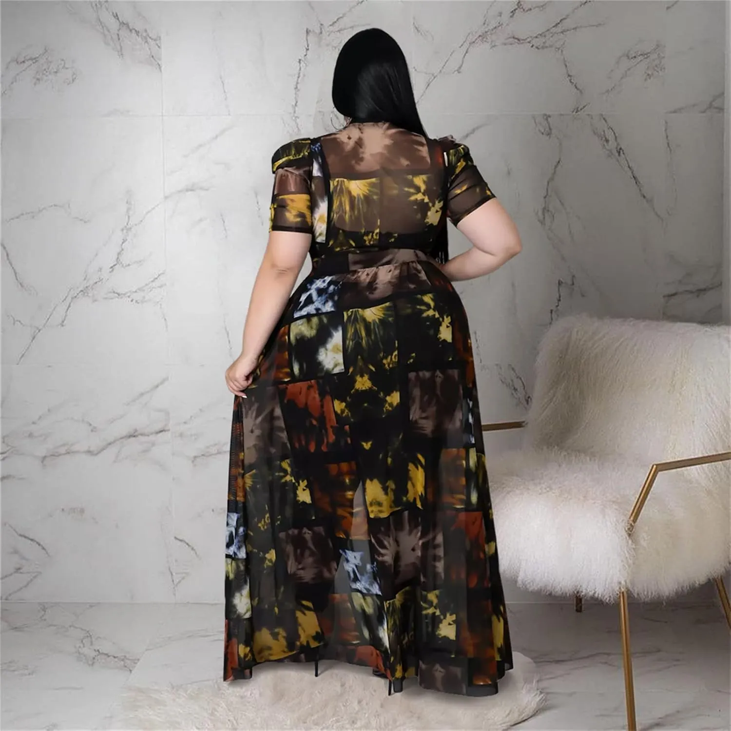 Atyfuniby Women's Plus Size High Low Tops Blouse Puff Short Sleeve Mesh See Through Maxi Tunic Shirt Dresses