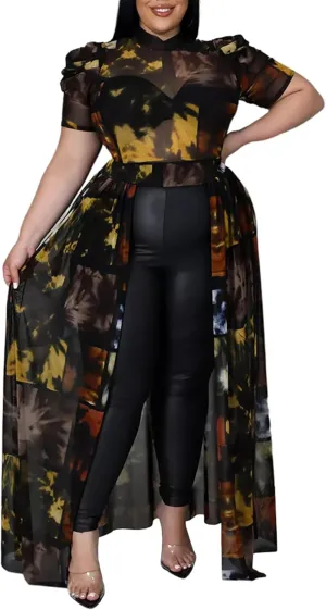 Atyfuniby Women's Plus Size High Low Tops Blouse Puff Short Sleeve Mesh See Through Maxi Tunic Shirt Dresses