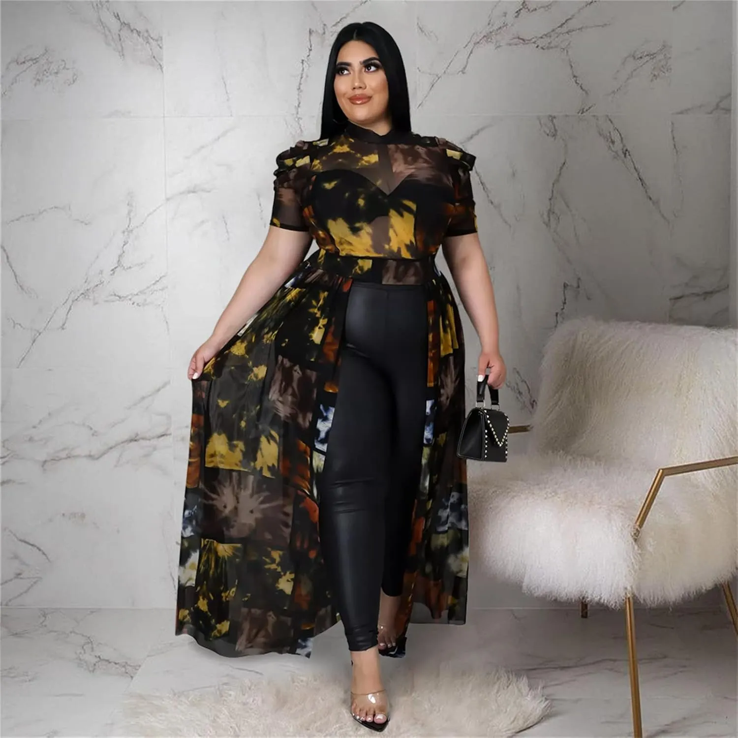 Atyfuniby Women's Plus Size High Low Tops Blouse Puff Short Sleeve Mesh See Through Maxi Tunic Shirt Dresses