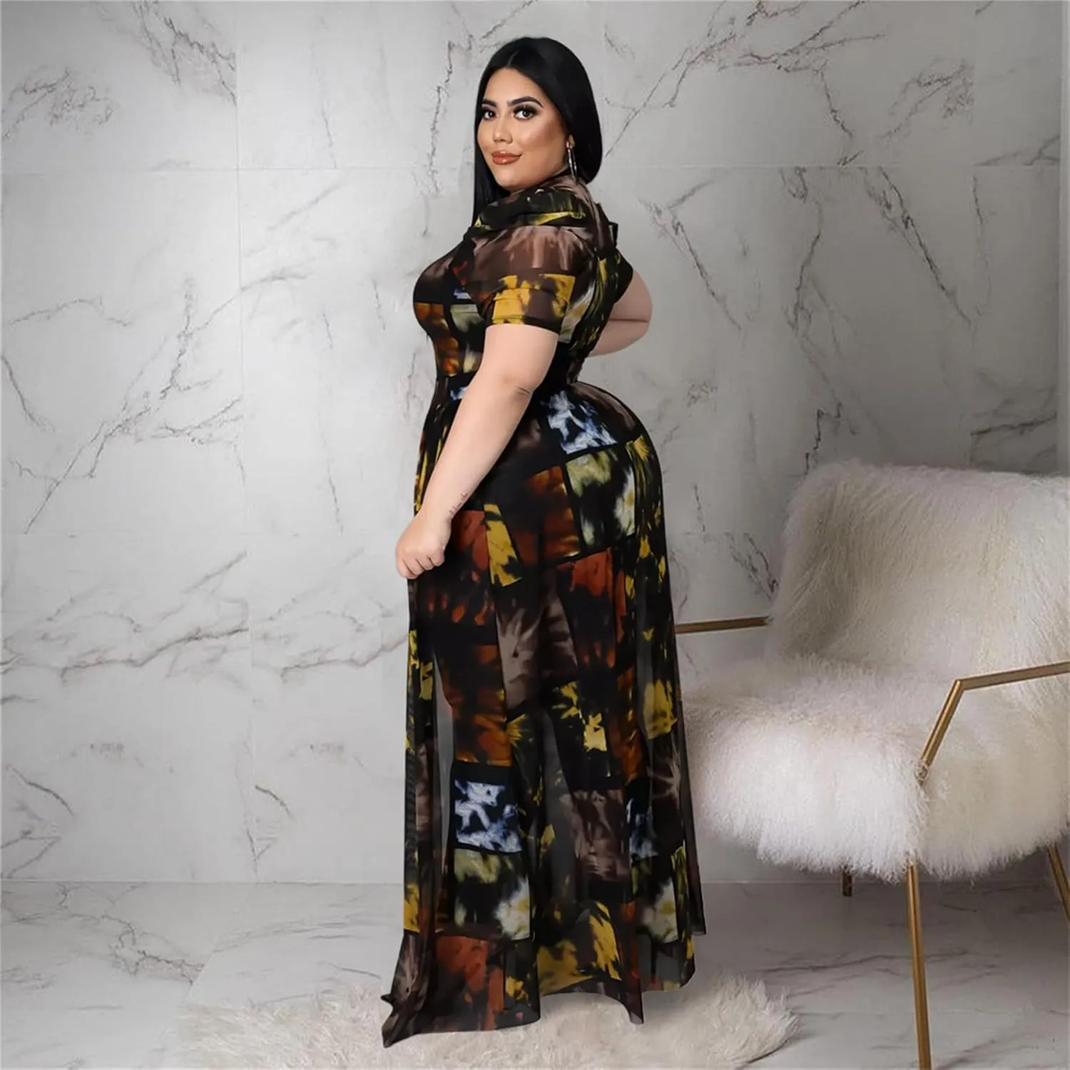 Atyfuniby Women's Plus Size High Low Tops Blouse Puff Short Sleeve Mesh See Through Maxi Tunic Shirt Dresses
