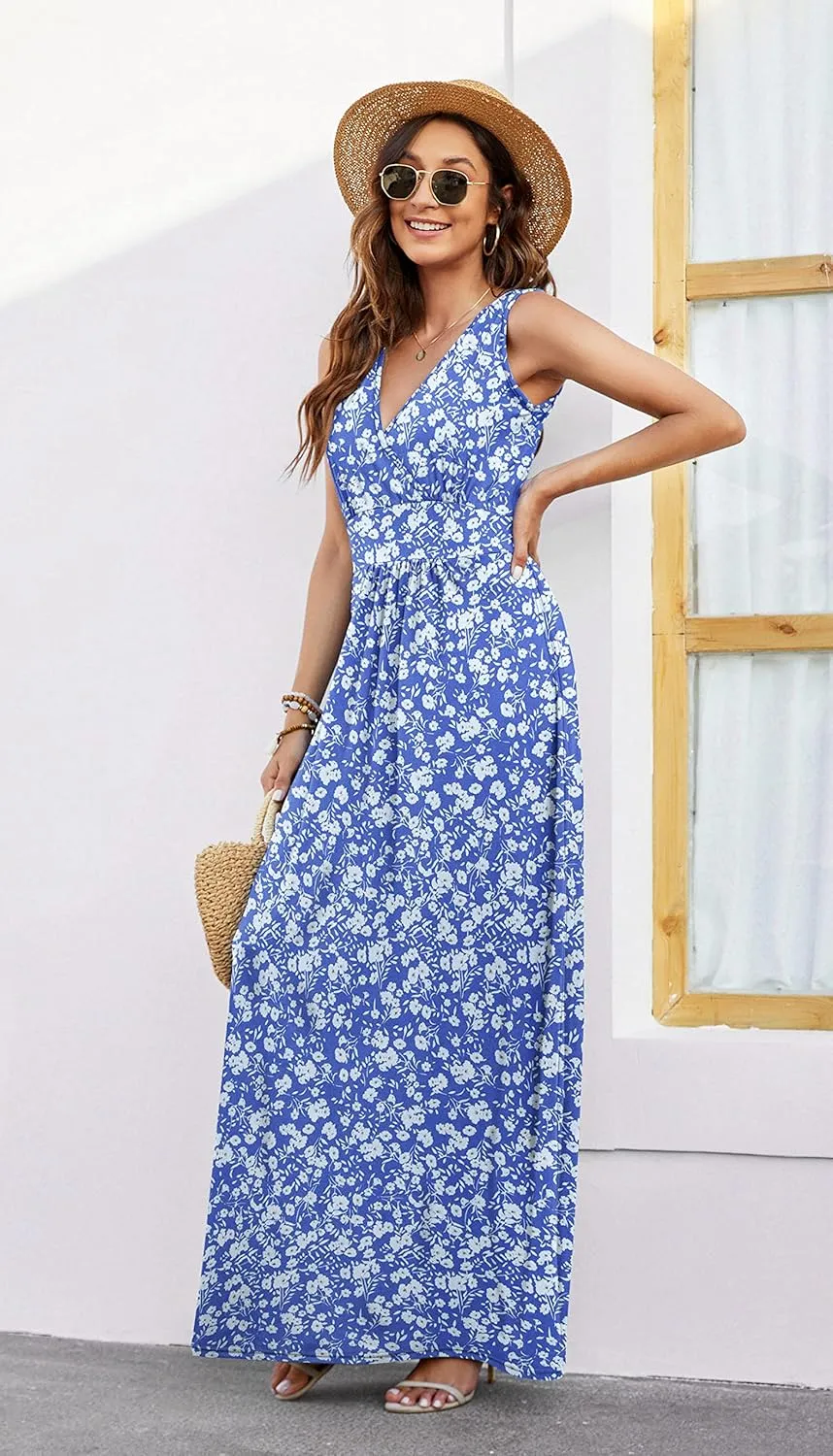 AUSELILY Women's Sleeveless Formal Dress Deep V Neck Loose Plain Cocktail Long Maxi Dresses with Pockets 2025 New