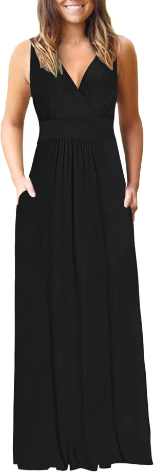 AUSELILY Women's Sleeveless Formal Dress Deep V Neck Loose Plain Cocktail Long Maxi Dresses with Pockets 2025 New