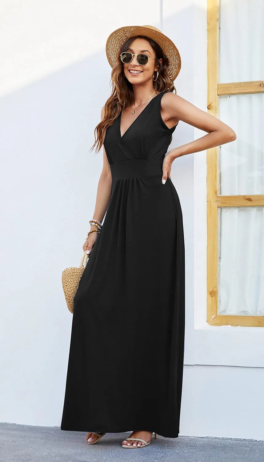 AUSELILY Women's Sleeveless Formal Dress Deep V Neck Loose Plain Cocktail Long Maxi Dresses with Pockets 2025 New