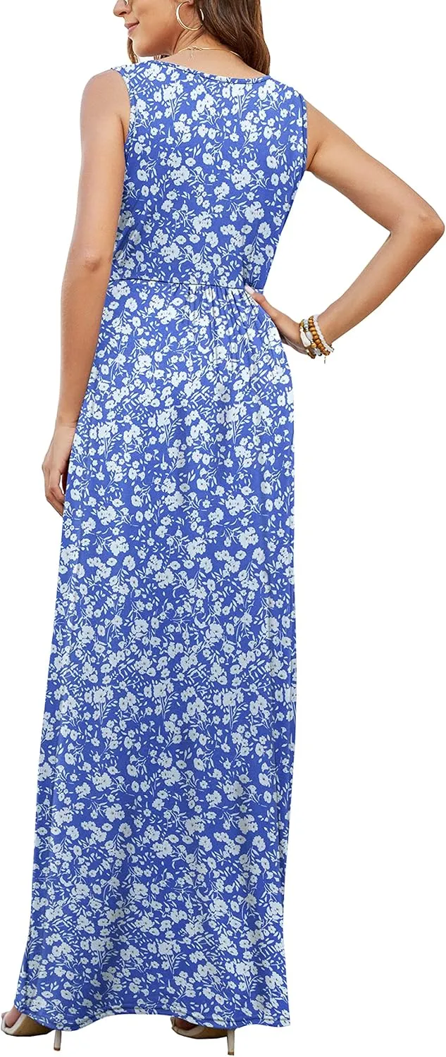 AUSELILY Women's Sleeveless Formal Dress Deep V Neck Loose Plain Cocktail Long Maxi Dresses with Pockets 2025 New