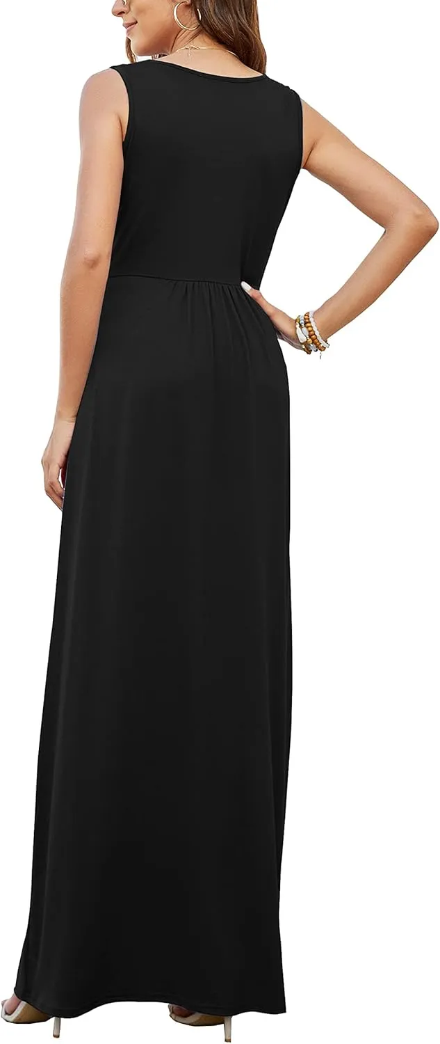 AUSELILY Women's Sleeveless Formal Dress Deep V Neck Loose Plain Cocktail Long Maxi Dresses with Pockets 2025 New
