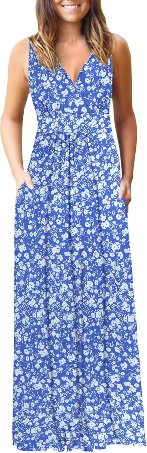 AUSELILY Women's Sleeveless Formal Dress Deep V Neck Loose Plain Cocktail Long Maxi Dresses with Pockets 2025 New