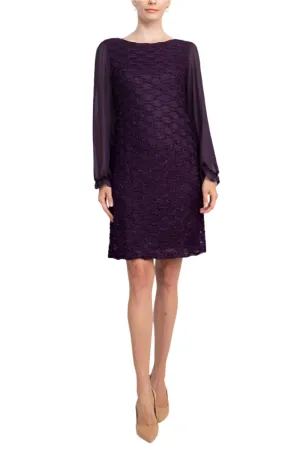 Connected Apparel Boat Neck Elastic Cuff Chiffon Sleeve Solid Dress