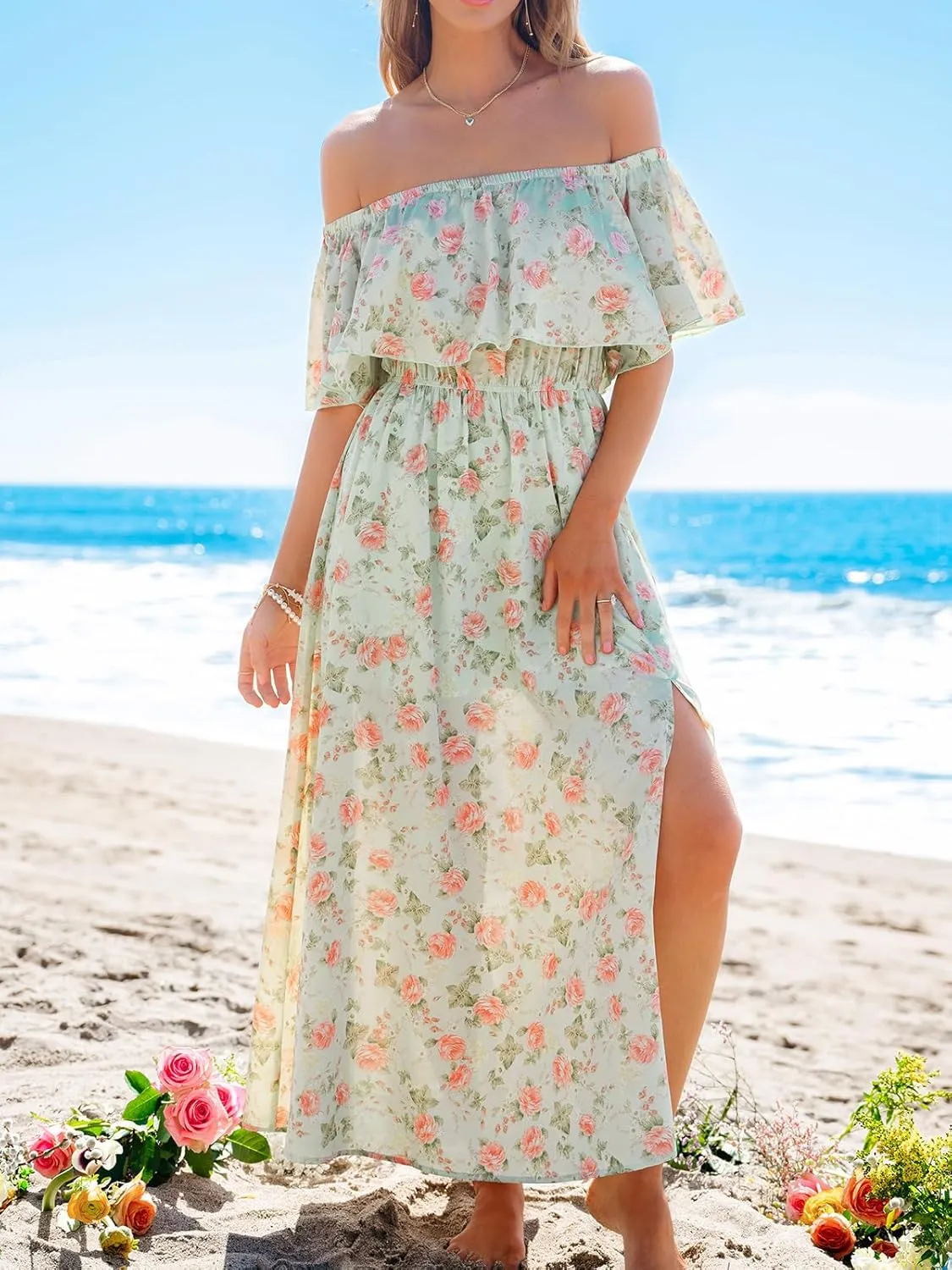 CUPSHE Women Ruffle Floral Maxi Summer Dress Off Shoulder Short Sleeve Backless Flounce Bodice Slit Hem Beach Dresses