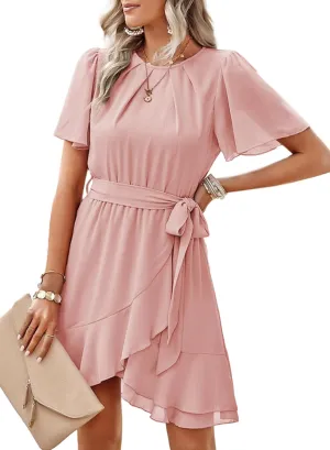 Dokotoo Womens Summer Dresses 2025 Crewneck Short Sleeve Waist Tie Ruffle Casual Chiffon A-Line Swing Mini Dress