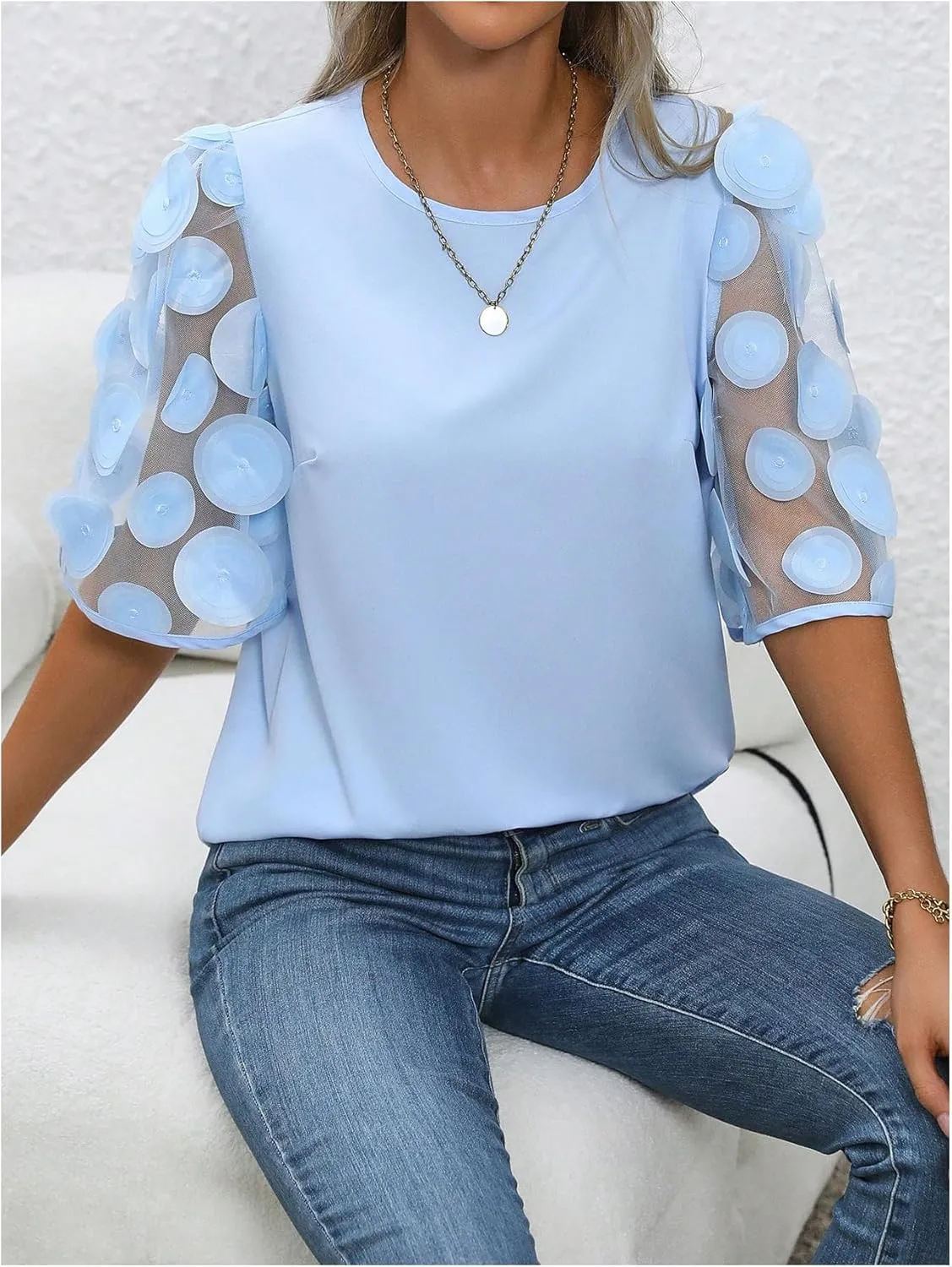 Floerns Women's Round Neck Half Sleeve Contrast Mesh Appliques Puff Sleeve Blouse Top