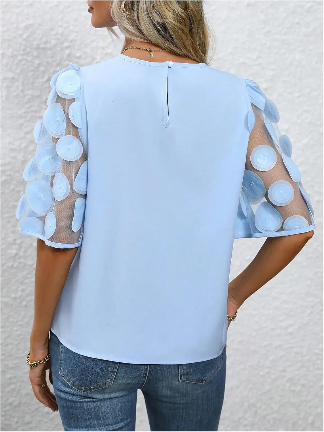 Floerns Women's Round Neck Half Sleeve Contrast Mesh Appliques Puff Sleeve Blouse Top