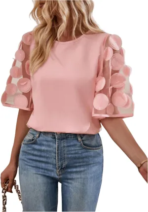 Floerns Women's Round Neck Half Sleeve Contrast Mesh Appliques Puff Sleeve Blouse Top