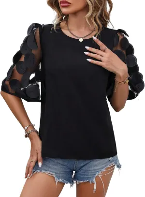 Floerns Women's Round Neck Half Sleeve Contrast Mesh Appliques Puff Sleeve Blouse Top