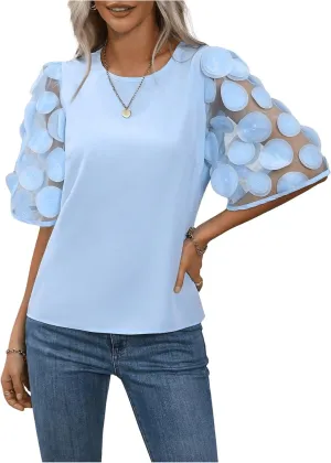 Floerns Women's Round Neck Half Sleeve Contrast Mesh Appliques Puff Sleeve Blouse Top