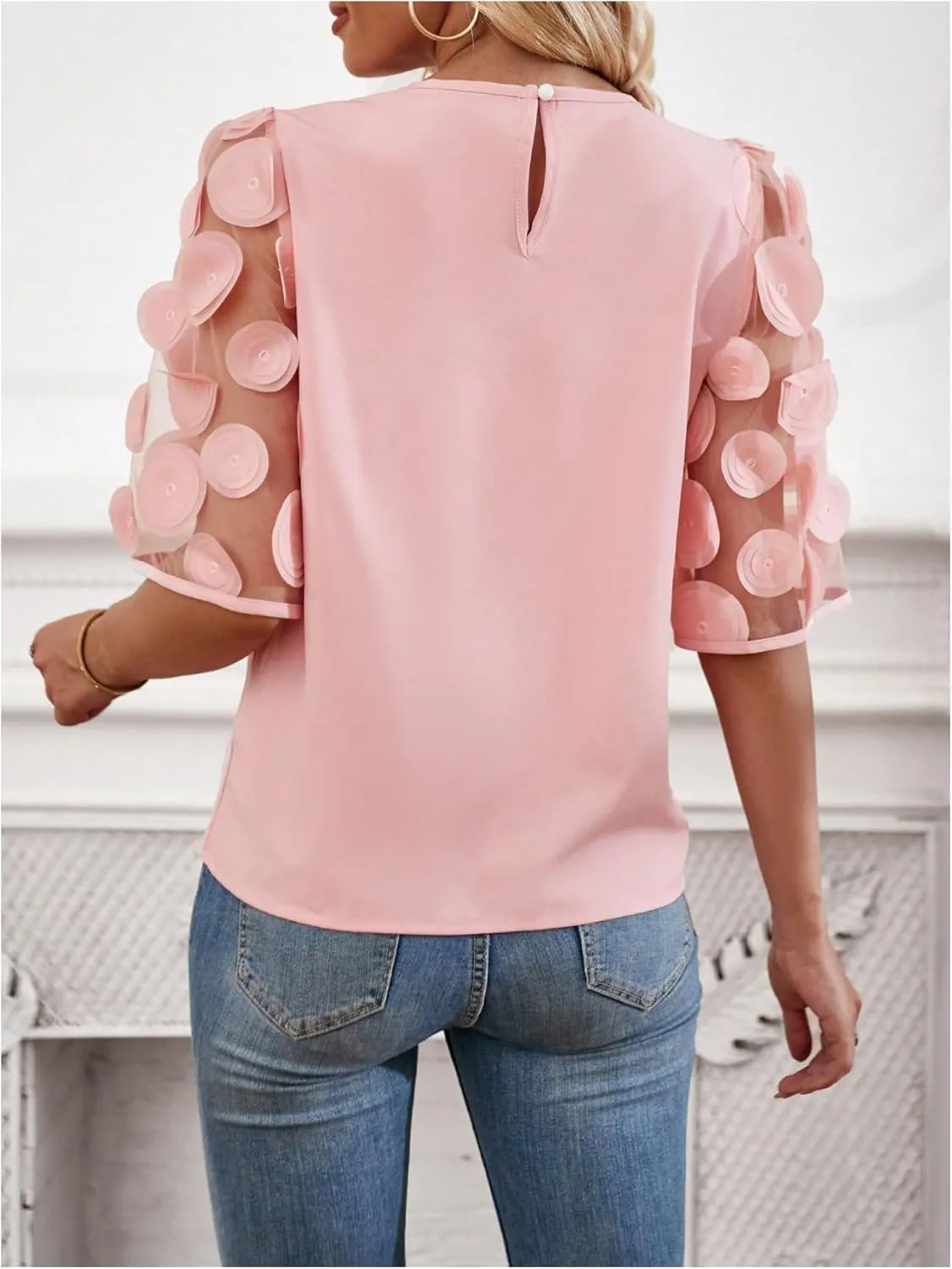 Floerns Women's Round Neck Half Sleeve Contrast Mesh Appliques Puff Sleeve Blouse Top