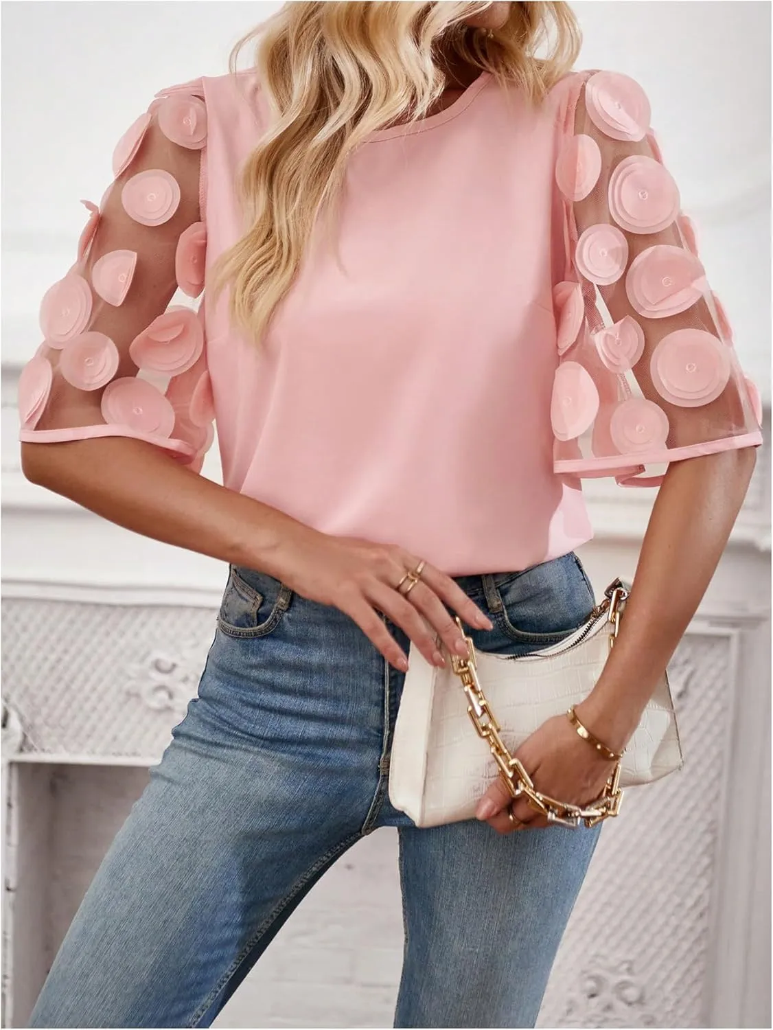 Floerns Women's Round Neck Half Sleeve Contrast Mesh Appliques Puff Sleeve Blouse Top