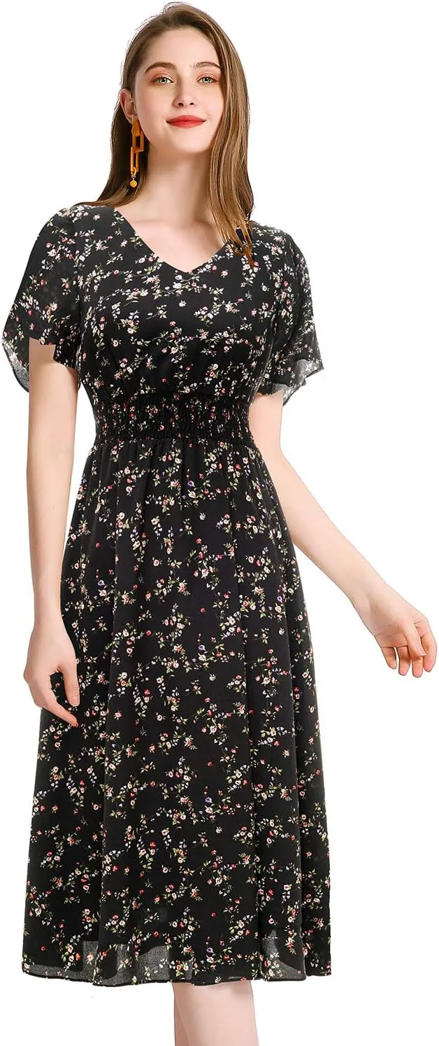 Gardenwed Chiffon Floral Dresses Summer Sun Beach Dresses for Women with Elastic Waist