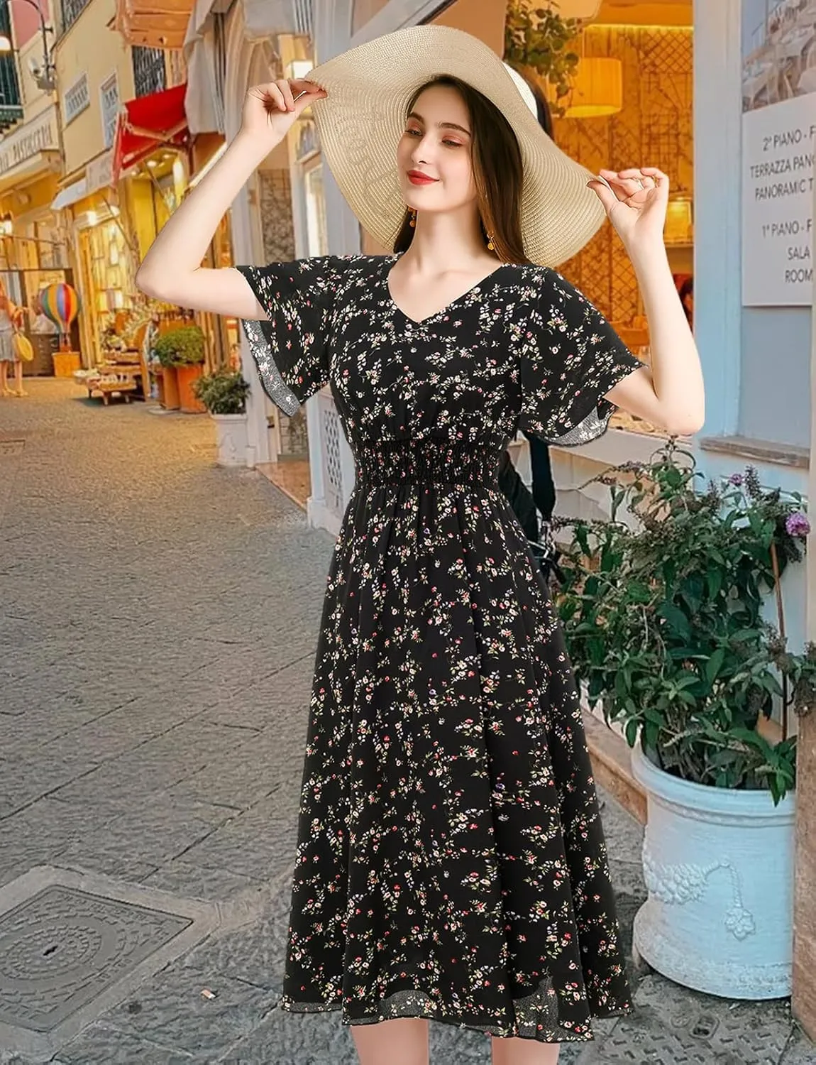Gardenwed Chiffon Floral Dresses Summer Sun Beach Dresses for Women with Elastic Waist