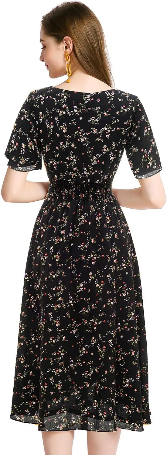 Gardenwed Chiffon Floral Dresses Summer Sun Beach Dresses for Women with Elastic Waist