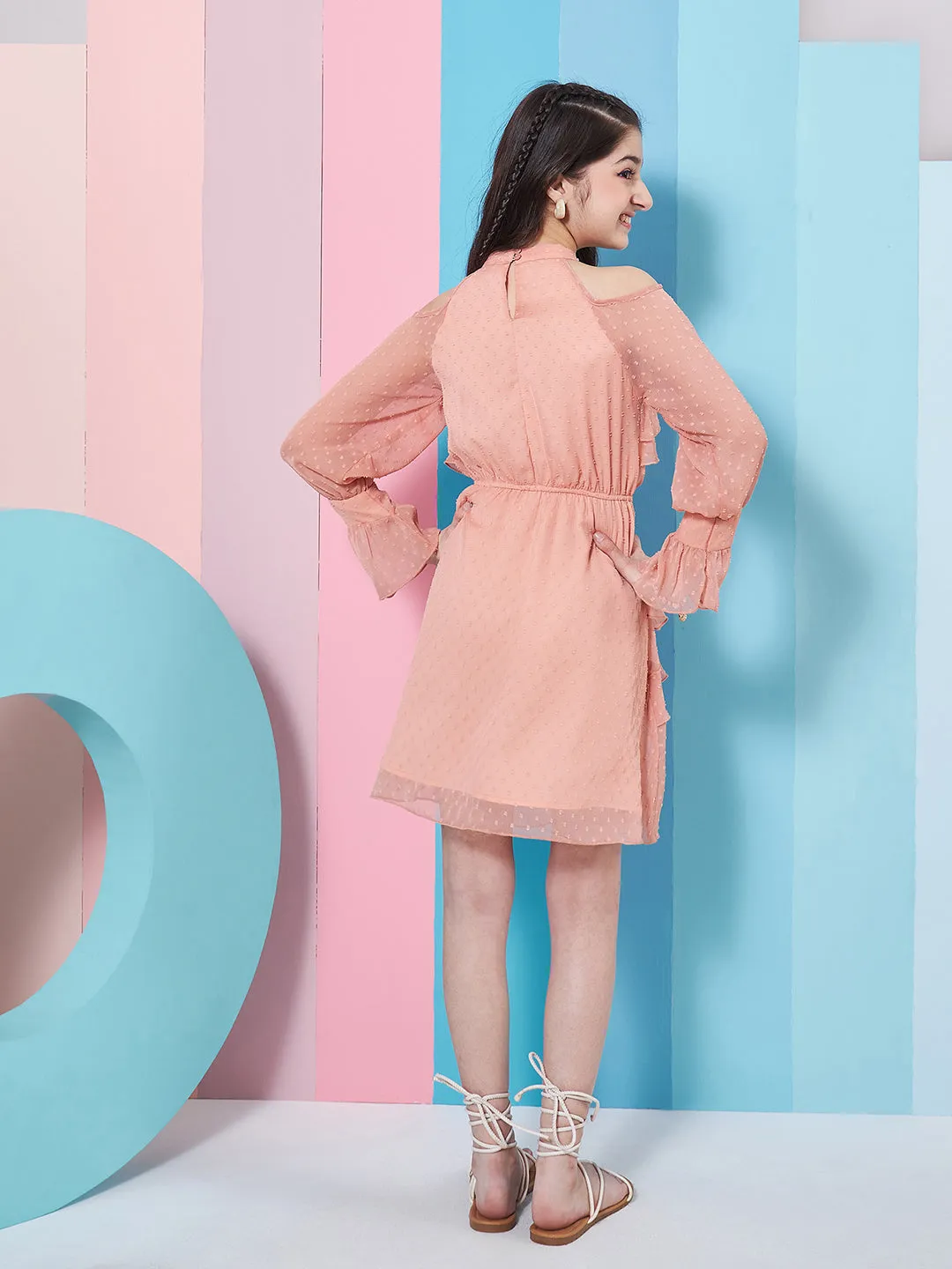 Girls Self Design Halter Neck Bell Sleeves Cut Out Layered Ruffled A-Line Dress