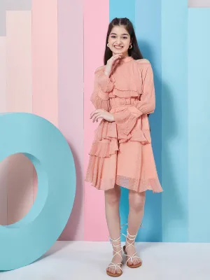 Girls Self Design Halter Neck Bell Sleeves Cut Out Layered Ruffled A-Line Dress