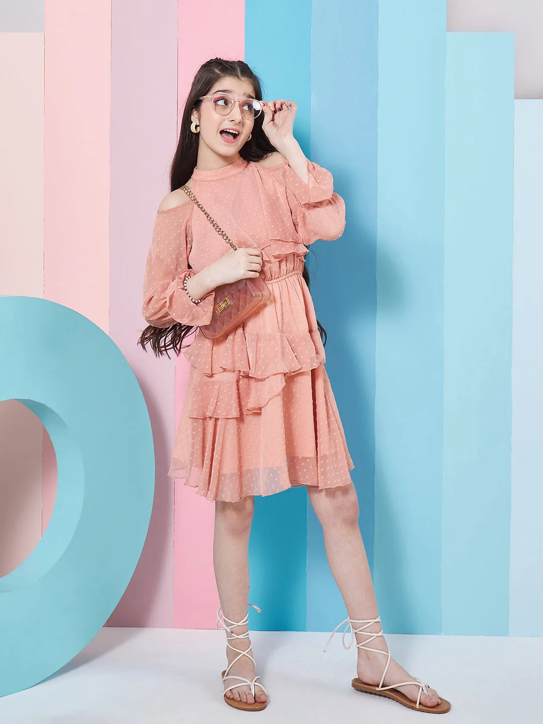 Girls Self Design Halter Neck Bell Sleeves Cut Out Layered Ruffled A-Line Dress