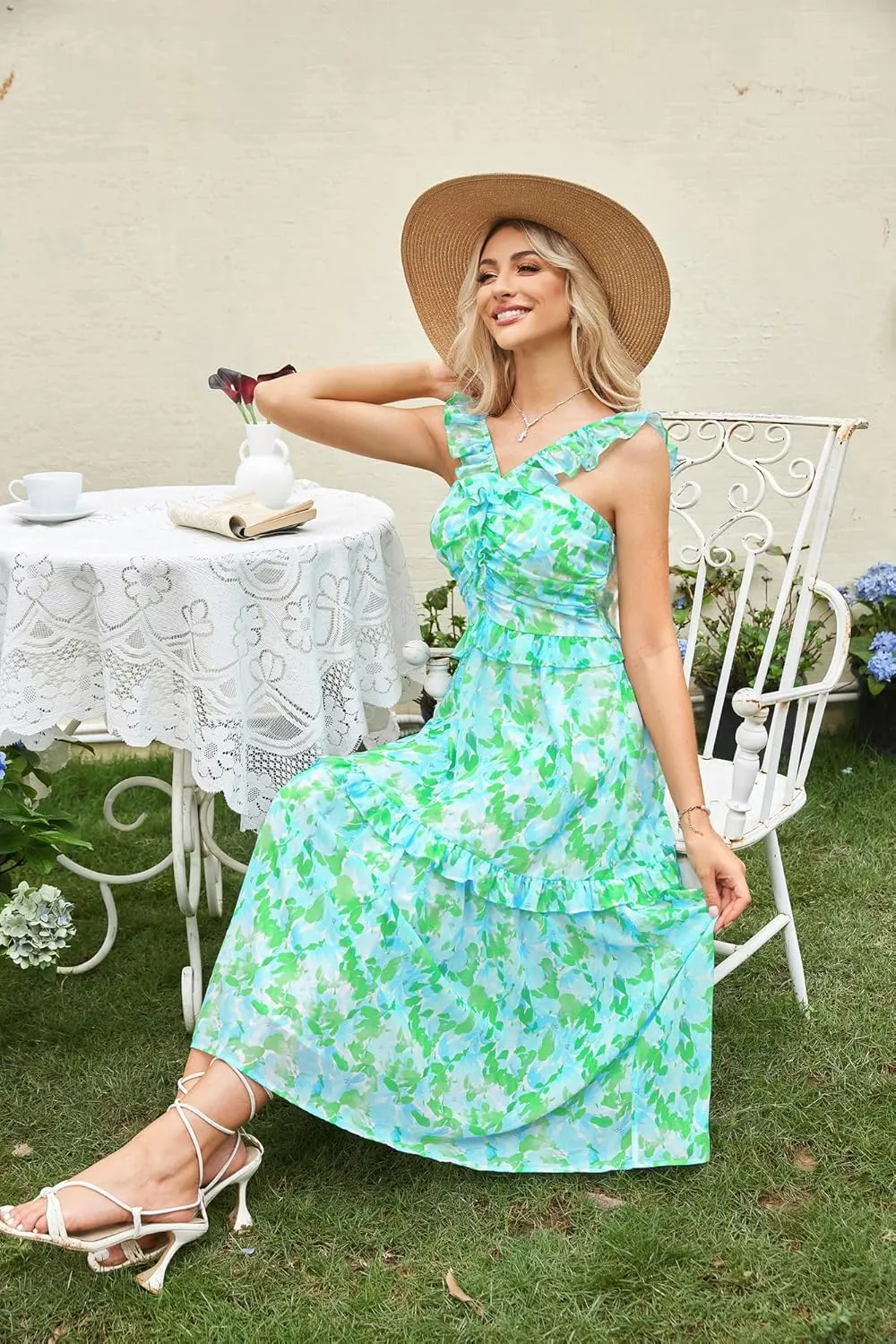 GRACE KARIN Womens Summer Boho Floral Tiered Dress Strap A Line Swing Flowy Midi Dress Ruffle Beach Wedding Guest Dress