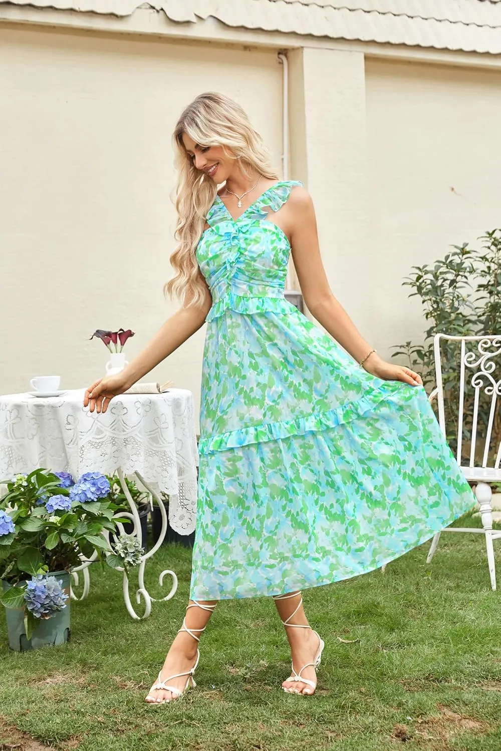 GRACE KARIN Womens Summer Boho Floral Tiered Dress Strap A Line Swing Flowy Midi Dress Ruffle Beach Wedding Guest Dress