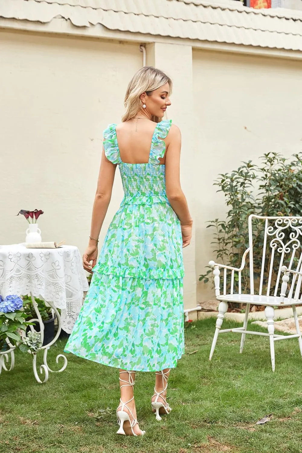GRACE KARIN Womens Summer Boho Floral Tiered Dress Strap A Line Swing Flowy Midi Dress Ruffle Beach Wedding Guest Dress