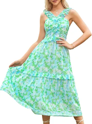 GRACE KARIN Womens Summer Boho Floral Tiered Dress Strap A Line Swing Flowy Midi Dress Ruffle Beach Wedding Guest Dress