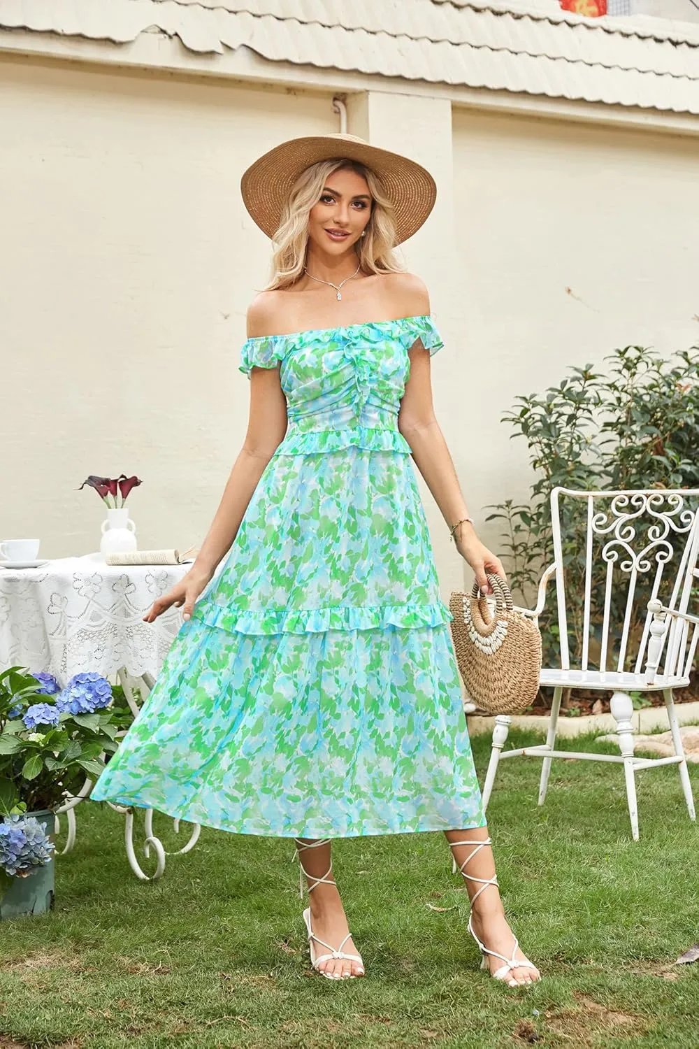 GRACE KARIN Womens Summer Boho Floral Tiered Dress Strap A Line Swing Flowy Midi Dress Ruffle Beach Wedding Guest Dress