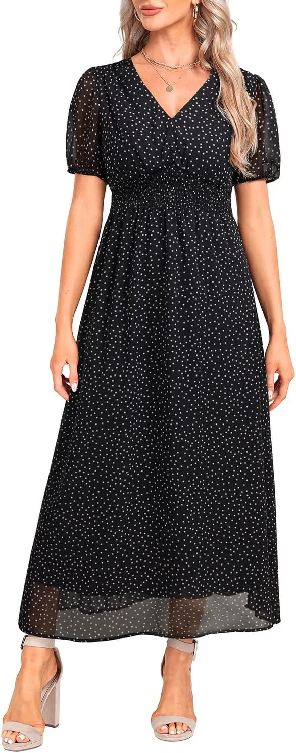 Holipick Women Summer Casual Dress Boho Floral V Neck Short Sleeves Smocked Waist Chiffon Swing Knee Length Dresses