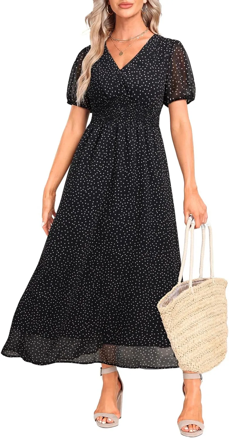 Holipick Women Summer Casual Dress Boho Floral V Neck Short Sleeves Smocked Waist Chiffon Swing Knee Length Dresses