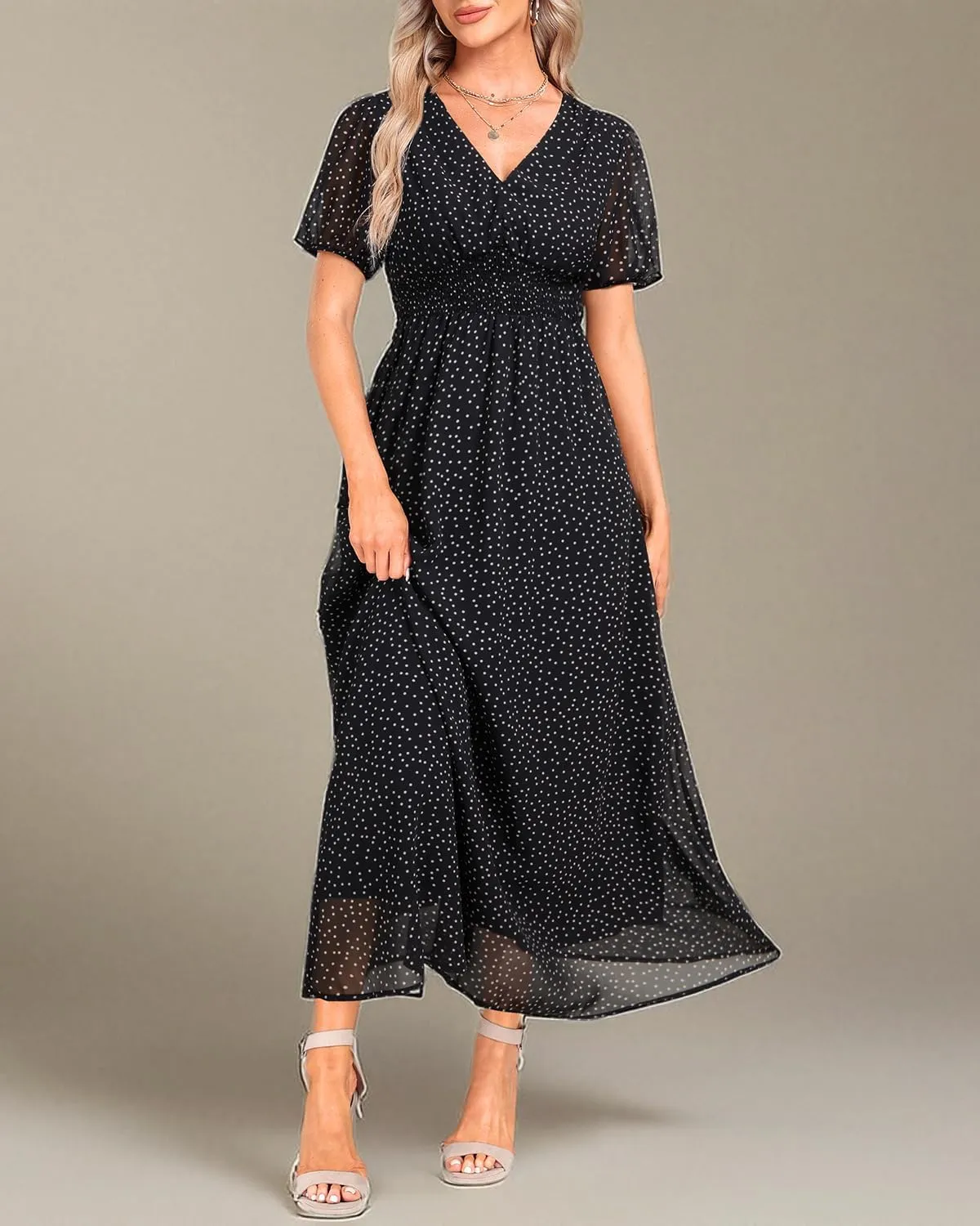 Holipick Women Summer Casual Dress Boho Floral V Neck Short Sleeves Smocked Waist Chiffon Swing Knee Length Dresses