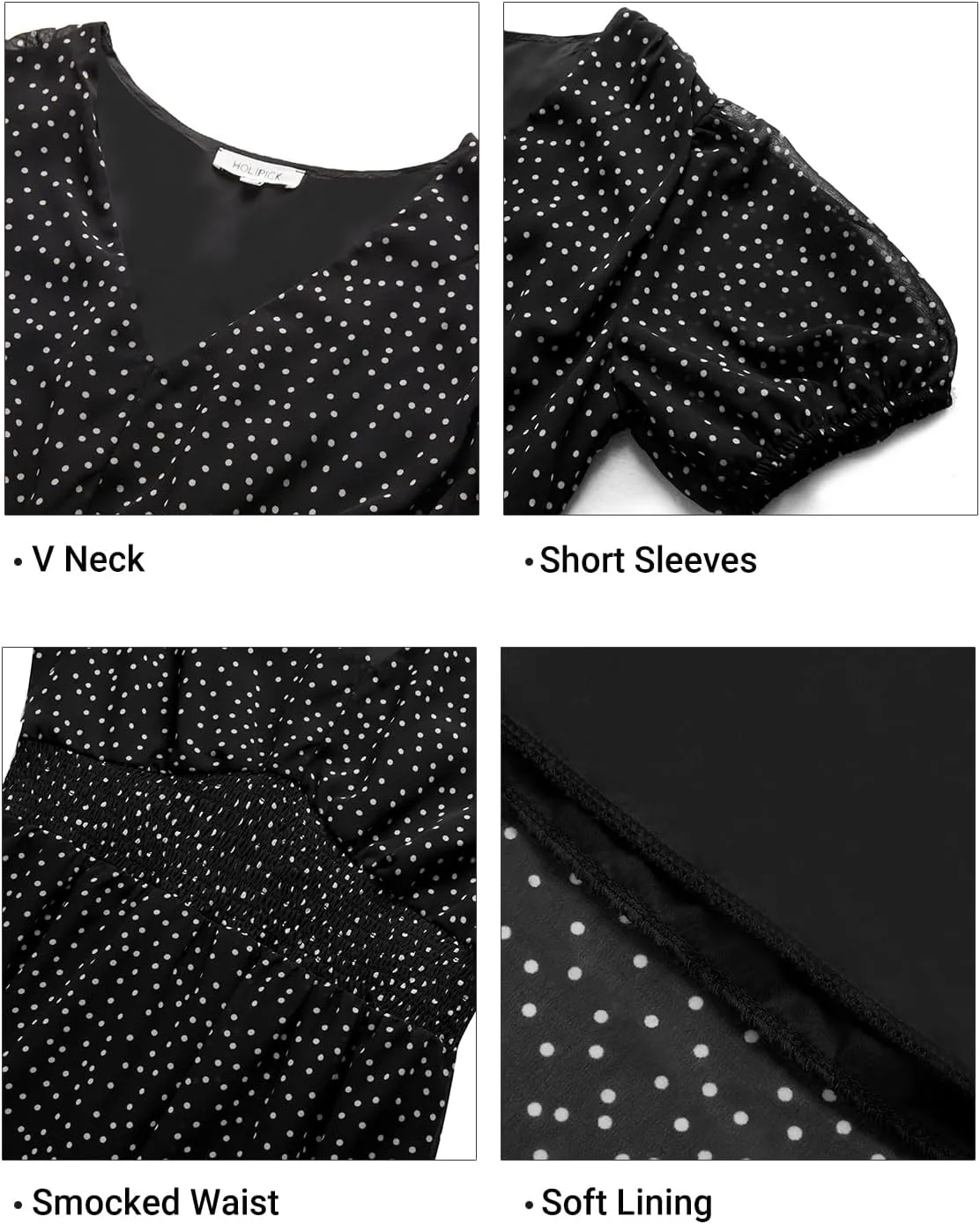 Holipick Women Summer Casual Dress Boho Floral V Neck Short Sleeves Smocked Waist Chiffon Swing Knee Length Dresses