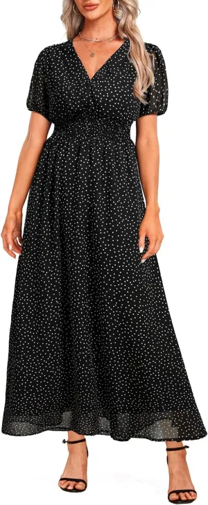 Holipick Women Summer Casual Dress Boho Floral V Neck Short Sleeves Smocked Waist Chiffon Swing Knee Length Dresses