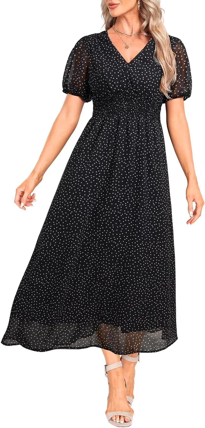 Holipick Women Summer Casual Dress Boho Floral V Neck Short Sleeves Smocked Waist Chiffon Swing Knee Length Dresses