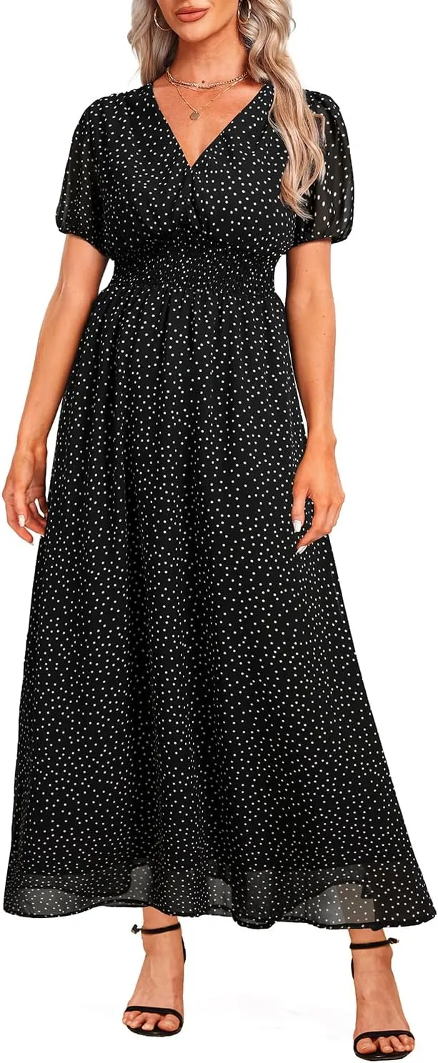 Holipick Women Summer Casual Dress Boho Floral V Neck Short Sleeves Smocked Waist Chiffon Swing Knee Length Dresses