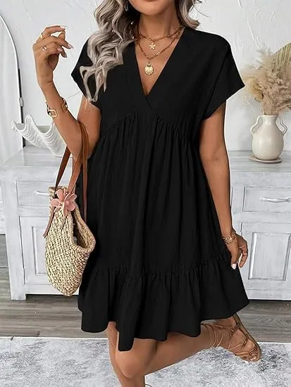 Kinghua Linen Dresses for Women Spring Summer A Line V Neck Short Sleeve Sundress Trendy Ruffle Flowy Beach Mini Dress