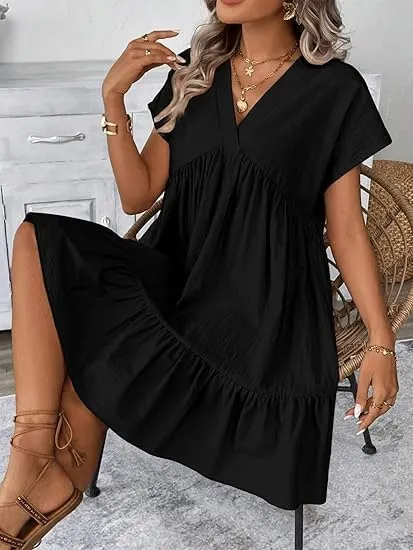 Kinghua Linen Dresses for Women Spring Summer A Line V Neck Short Sleeve Sundress Trendy Ruffle Flowy Beach Mini Dress