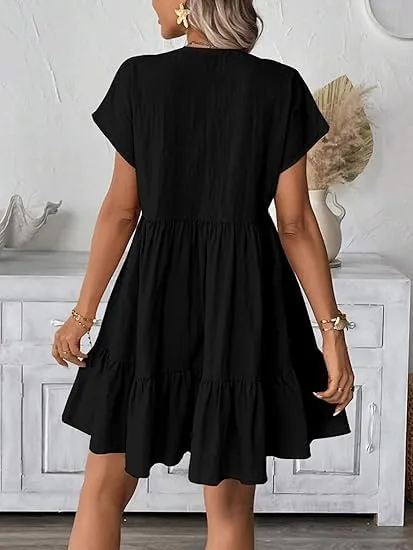 Kinghua Linen Dresses for Women Spring Summer A Line V Neck Short Sleeve Sundress Trendy Ruffle Flowy Beach Mini Dress