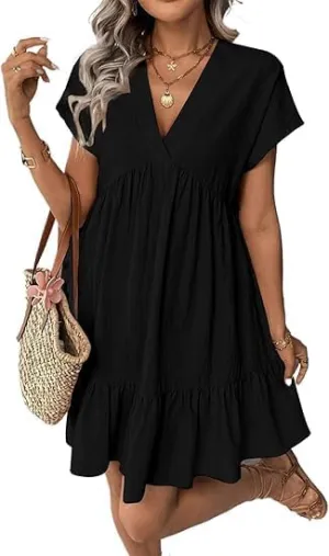 Kinghua Linen Dresses for Women Spring Summer A Line V Neck Short Sleeve Sundress Trendy Ruffle Flowy Beach Mini Dress
