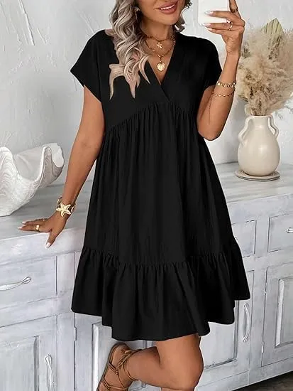 Kinghua Linen Dresses for Women Spring Summer A Line V Neck Short Sleeve Sundress Trendy Ruffle Flowy Beach Mini Dress